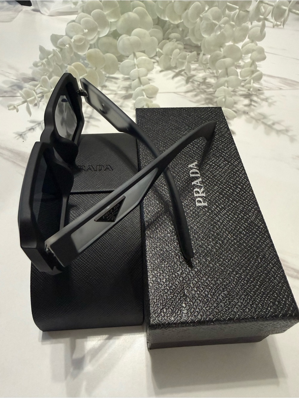 Prada Men’s Black and Gray Rectangle Sunglasses